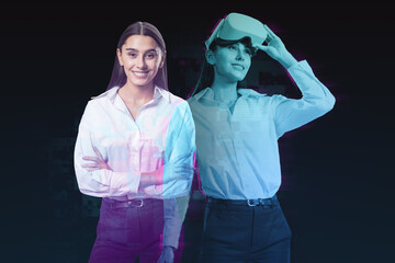 Poster - Abstract dual image of attractive happy businesswoman with VR glasses silhouette on dark background. Augmented reality, game, experience and futuristic technology concept.