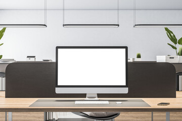 Aufkleber - Front view on blank white monitor screen with place for your logo or text on wooden workspace table in minimalistic style office with black partition on light wall background. 3D rendering, mockup