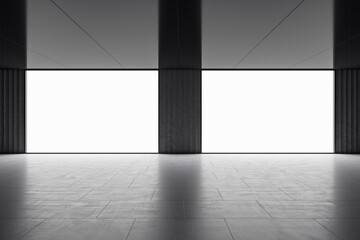 Poster - Front view on blank white poster with space for your logo or text on dark wall in empty hall with glossy ceiling and ceramic tale floor. 3D rendering, mockup