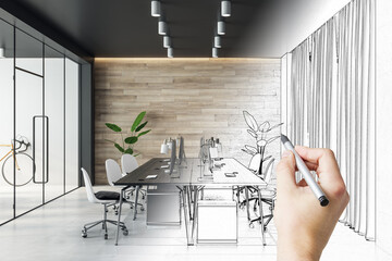 Poster - Stylish conference room design project development with wooden wall, monochrome furniture and hand drown sketch by human hand with pencil