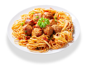 Wall Mural - plate of pasta with meatballs on white background