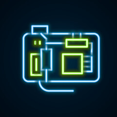 Sticker - Glowing neon line Electronic computer components motherboard digital chip integrated science icon isolated on black background. Circuit board. Colorful outline concept. Vector