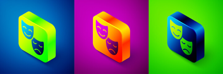 Wall Mural - Isometric Comedy and tragedy theatrical masks icon isolated on blue, purple and green background. Square button. Vector