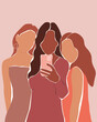 Friends take selfies, hug. Abstract portrait of girls. Contemporary poster with a group of women. Vector graphics.