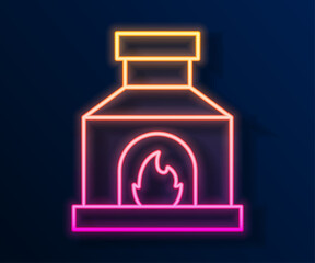 Poster - Glowing neon line Blacksmith oven icon isolated on black background. Vector