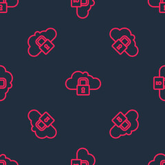 Poster - Red line Cloud computing lock icon isolated seamless pattern on black background. Security, safety, protection concept. Protection of personal data. Vector