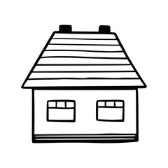 Sticker - Hand drawn cute house. Doodle sketch style home. House building with window, roof. Vector illustration for home icon.