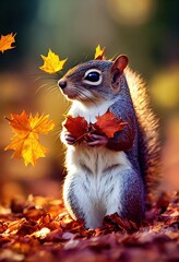 A squirrel in the autumn forest. A squirrel in nature in an autumn park. Cute squirrel gnawing on nuts. 3d rendering