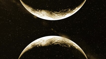 Poster - 3D animation with approaching planets. Motion. Collision of parallel planets on background of space and rays of light. Timelapse of catastrophic collision of planets