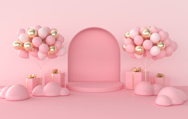 Wall Mural - Wall scene with arch, balloons, present box, podium, clouds. 3D rendering interior. Platform for product presentation, mock up background.