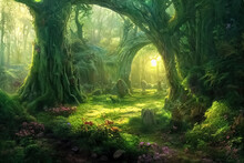 Magic Teleport Portal In Mystic Fairy Tale Forest. Gate To Parallel Fantasy World. 3D Illustration.
