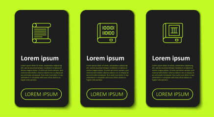 Set line Decree, parchment, scroll, Books about programming and . Business infographic template. Vector
