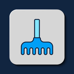 Poster - Filled outline Garden rake icon isolated on blue background. Tool for horticulture, agriculture, farming. Ground cultivator. Vector