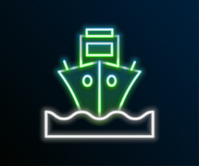 Sticker - Glowing neon line Cargo ship icon isolated on black background. Colorful outline concept. Vector