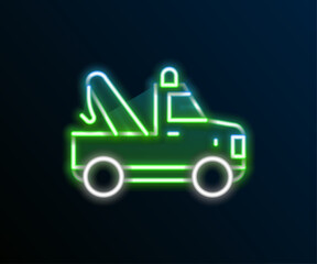 Canvas Print - Glowing neon line Tow truck icon isolated on black background. Colorful outline concept. Vector