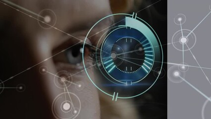 Poster - Animation of scope scanning and network of connections over eye of caucasian woman