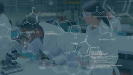 Poster - Animation of data processing and chemical formula over diverse scientists in lab