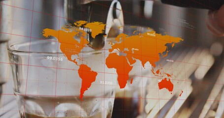 Poster - Animation of world map and data processing over caucasian man making coffee