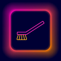 Sticker - Glowing neon line Brush for cleaning icon isolated on black background. Cleaning service concept. Colorful outline concept. Vector