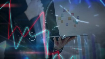 Poster - Animation of caucasian businessman using tablet over data processing