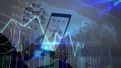 Poster - Animation of caucasian businesswoman using tablet over data processing