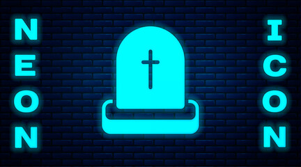 Poster - Glowing neon Tombstone with RIP written on it icon isolated on brick wall background. Grave icon. Happy Halloween party. Vector