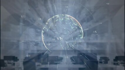 Poster - Animation of globe with data processing over office