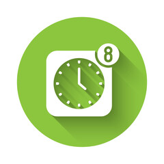 Canvas Print - White Alarm clock app smartphone interface icon isolated with long shadow background. Green circle button. Vector