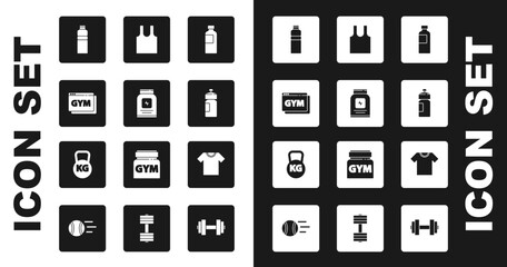 Sticker - Set Fitness shaker, Sports nutrition, Online fitness and training, Sleeveless T-shirt, and Kettlebell icon. Vector