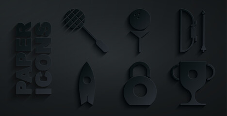 Wall Mural - Set Kettlebell, Bow and arrow in quiver, Surfboard, Award cup, Golf ball on tee and Tennis racket icon. Vector