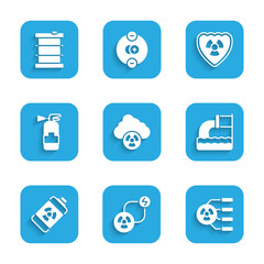 Wall Mural - Set Acid rain and radioactive cloud, Radioactive exchange energy, Wastewater, Nuclear battery, Fire extinguisher, shield and waste barrel icon. Vector