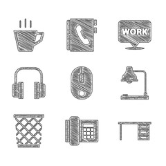 Poster - Set Computer mouse, Telephone, Office desk, Table lamp, Trash can, Headphones, Location with text work and Coffee cup icon. Vector