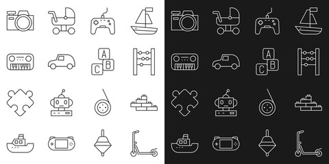 Poster - Set line Scooter, Toy building block bricks, Abacus, Gamepad, car, piano, Photo camera and ABC blocks icon. Vector