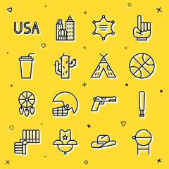 Poster - Set line Barbecue grill, Baseball bat, Basketball, Hexagram sheriff, Cactus, Paper glass with straw, USA label and Indian teepee or wigwam icon. Vector