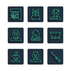 Sticker - Set line Witch, Krampus, heck, Magic wand, Zombie mask, Tombstone with RIP written, Priest, Spider web and Halloween witch cauldron icon. Vector