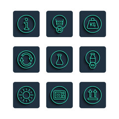 Poster - Set line Sun, Microwave oven, Temperature wash, Weight, Test tube and flask, Recycle symbol, Information and Lactose free icon. Vector