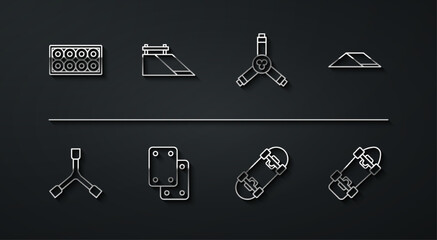 Sticker - Set line Skateboard wheel, Y-tool, park, Knee pads, and icon. Vector