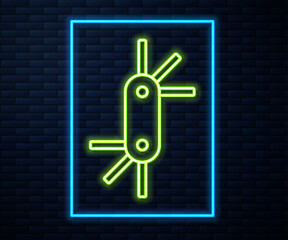 Sticker - Glowing neon line Tool allen keys icon isolated on brick wall background. Vector