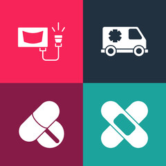 Canvas Print - Set pop art Crossed bandage plaster, Medicine pill or tablet, Emergency car and Ultrasound icon. Vector