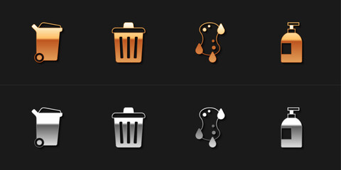 Poster - Set Trash can, , Sponge and Dishwashing liquid bottle icon. Vector