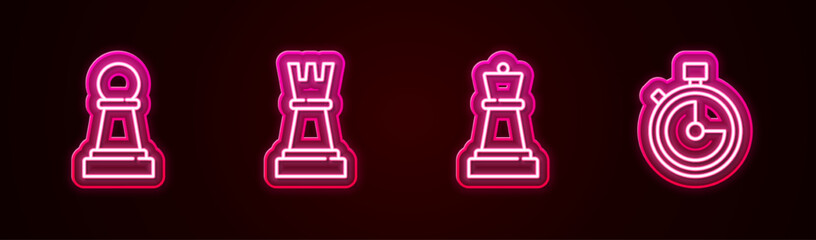 Wall Mural - Set line Chess, , and Stopwatch. Glowing neon icon. Vector