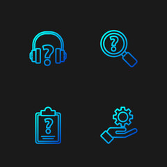 Poster - Set line Settings in the hand, Clipboard with question marks, Headphones and Unknown search. Gradient color icons. Vector