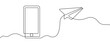One continuous line phone and paper plane. Sent letter or message. Deliver mail with smartphone. Flight airplane. Symbol fast deliver email.