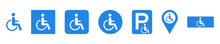 Set of blue disabled handicap vector signs on white background. Disability wheelchair. Handicapped or paralyzed person. Vector 10 EPS.