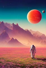 Wall Mural - an astronaut in a spacesuit walks around an alien planet and explores its surface. the concept of sp