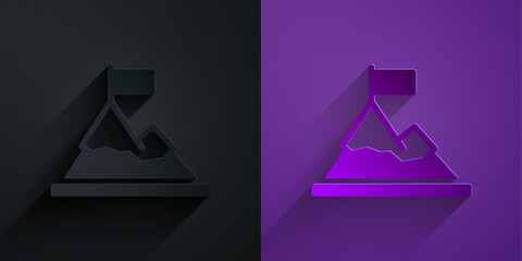 Poster - Paper cut Mountains with flag on top icon isolated on black on purple background. Symbol of victory or success concept. Goal achievement. Paper art style. Vector