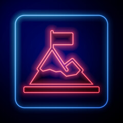 Poster - Glowing neon Mountains with flag on top icon isolated on black background. Symbol of victory or success concept. Goal achievement. Vector