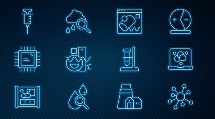 Poster - Set line Molecule, Chemical formula, Data visualisation, Basic geometric shapes, Processor CPU, Syringe, Test tube flask stand and Cloud with rain icon. Vector