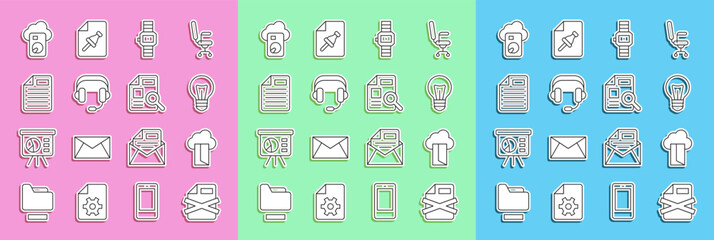 Poster - Set line Delete file document, Cloud database, Light bulb, Wrist watch, Headphones, File, and Document with graph chart icon. Vector