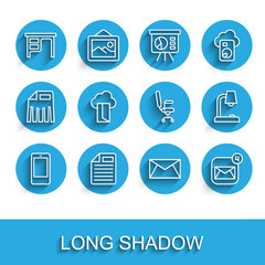 Poster - Set line Mobile phone, File document, Office desk, Mail and e-mail, Envelope, Cloud database, Table lamp and chair icon. Vector